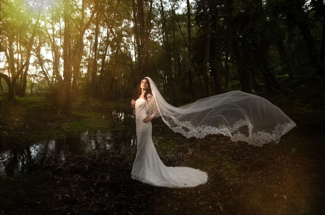 Personne en robe de dentelle blanche, voile déployé au vent dans une forêt.